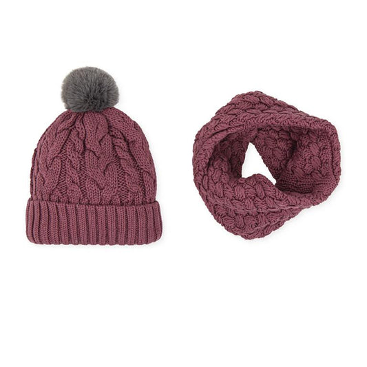 Cable Knit Hat & Snood Set | Soft Berry