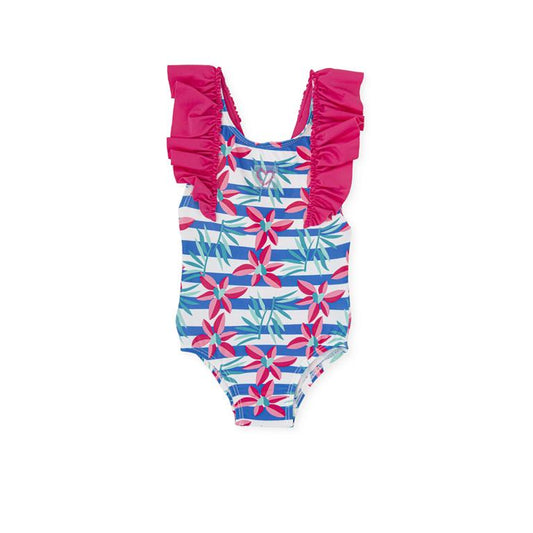 Ruffle Swimsuit | Fuchsia + Blue Stripe