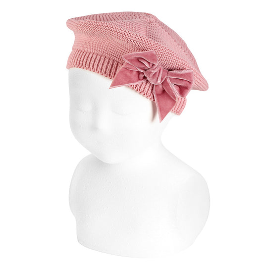 Beret With Velvet Bow | Pale Pink